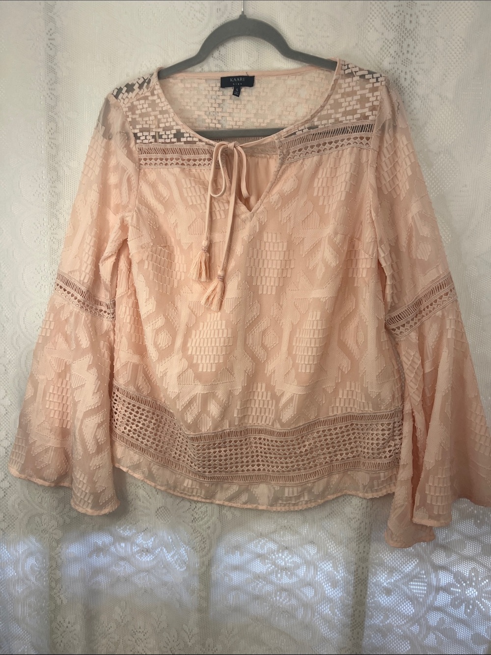 Kaari Blue Blush Lace Crochet Peasant Blouse S